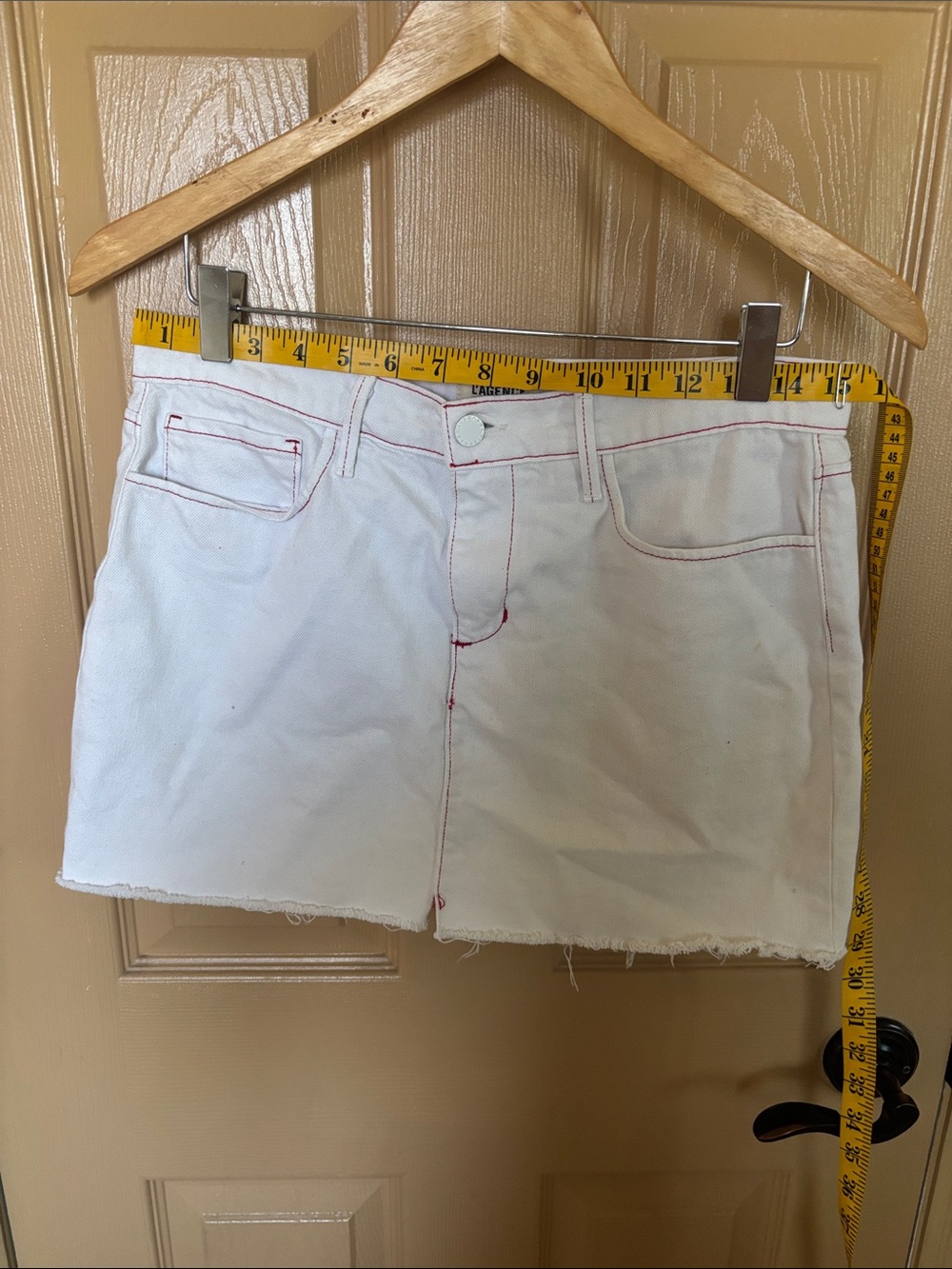 L'AGENCE White Denim Mini Skirt and with Pink Topstitching